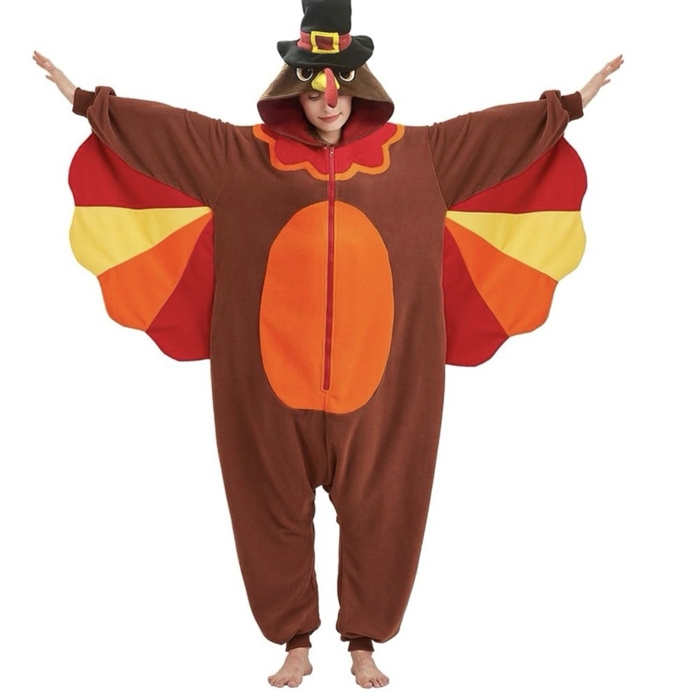 Adult Turkey Fleece Full Body Jumpsuit Costume Size L Hood Wings Thanksgiving